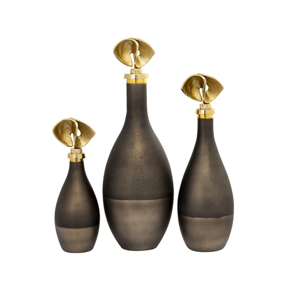 Atlas Aimee Decorative Bottle Set of 3 – Sculptural Glass with Twisted Brass Stoppers for Elegant Display AC11018-01S