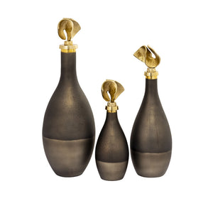 Atlas Aimee Decorative Bottle Set of 3 – Sculptural Glass with Twisted Brass Stoppers for Elegant Display AC11018-01S