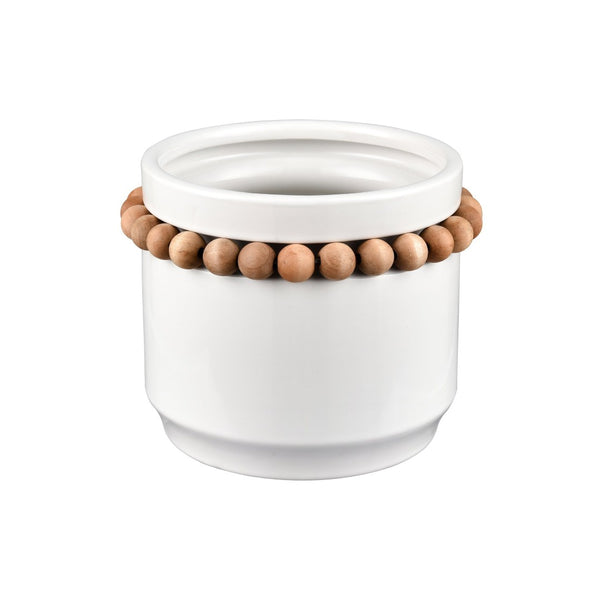 Atlas Anders Vase - Glossy White Earthenware with Wooden Bead Accent for Coastal-Modern Home Decor Small AC11035-01