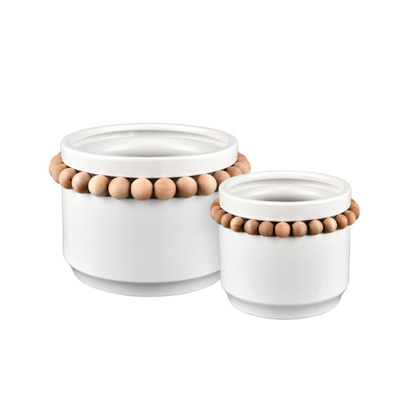 Atlas Anders Vase - Glossy White Earthenware with Wooden Bead Accent for Coastal-Modern Home Decor Small AC11035-01