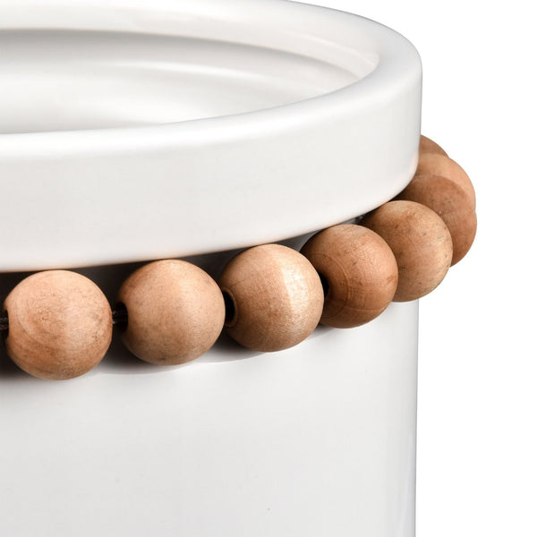 Atlas Anders Vase - Glossy White Earthenware with Wooden Bead Accent for Coastal-Modern Home Decor Small AC11035-01