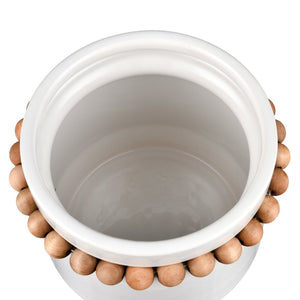 Atlas Anders Vase - Glossy White Earthenware with Wooden Bead Accent for Coastal-Modern Home Decor Small AC11035-01