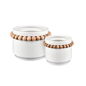 Atlas Anders Vase - Glossy White Earthenware with Wooden Bead Accent for Coastal-Modern Home Decor Large AC11035-02