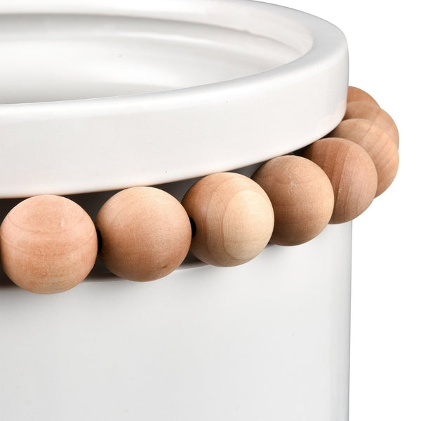 Atlas Anders Vase - Glossy White Earthenware with Wooden Bead Accent for Coastal-Modern Home Decor Large AC11035-02