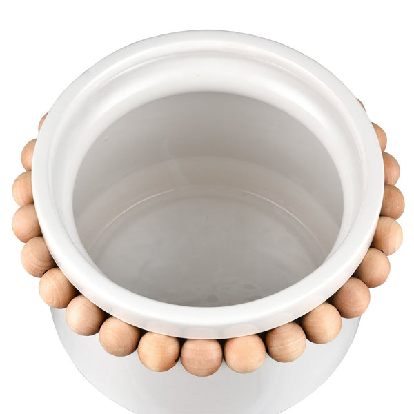 Atlas Anders Vase - Glossy White Earthenware with Wooden Bead Accent for Coastal-Modern Home Decor Large AC11035-02