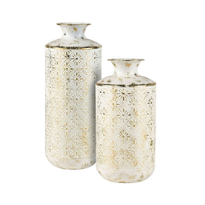 Atlas Ardoz Vase Set of 2 - Antique White Metal Vases with Gold Motif for Elegant Home Décor Display AC11050-01S
