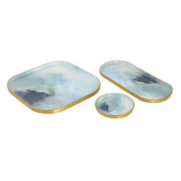 Atlas Aura Tray Set of 3 - Stylish Light Blue Metal Trays for Serving, Organizing, and Home Décor AC11064-01S