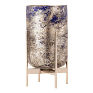 Atlas Bailey Vase - Medium Blue Glass Hurricane with Gold Flecks & Antique Silver Stand for Decor Elegance AC11067-01