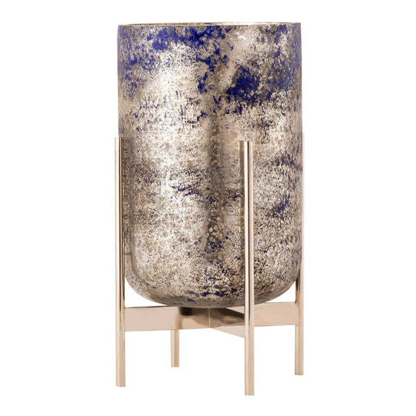 Atlas Bailey Vase - Medium Blue Glass Hurricane with Gold Flecks & Antique Silver Stand for Decor Elegance AC11067-01