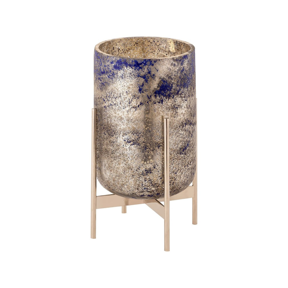 Atlas Bailey Vase - Medium Blue Glass Hurricane with Gold Flecks & Antique Silver Stand for Decor Elegance AC11067-01