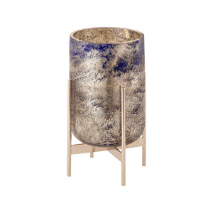 Atlas Bailey Vase - Medium Blue Glass Hurricane with Gold Flecks & Antique Silver Stand for Decor Elegance AC11067-01