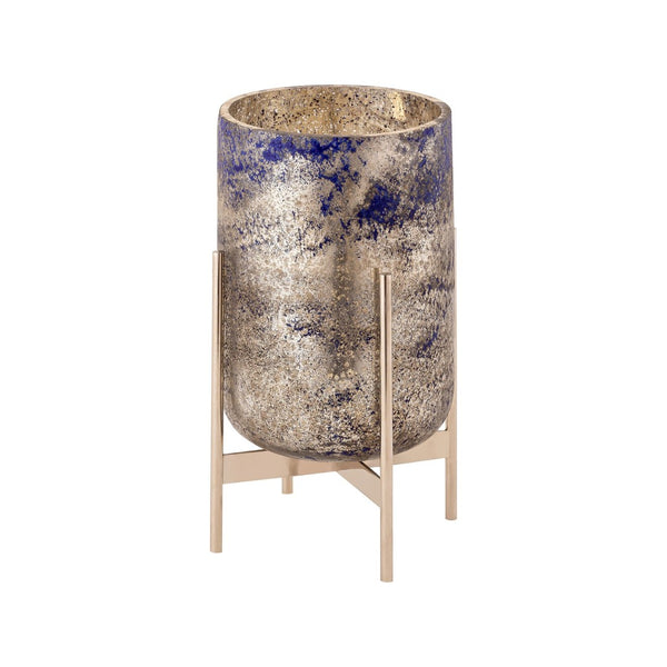 Atlas Bailey Vase - Medium Blue Glass Hurricane with Gold Flecks & Antique Silver Stand for Decor Elegance AC11067-01