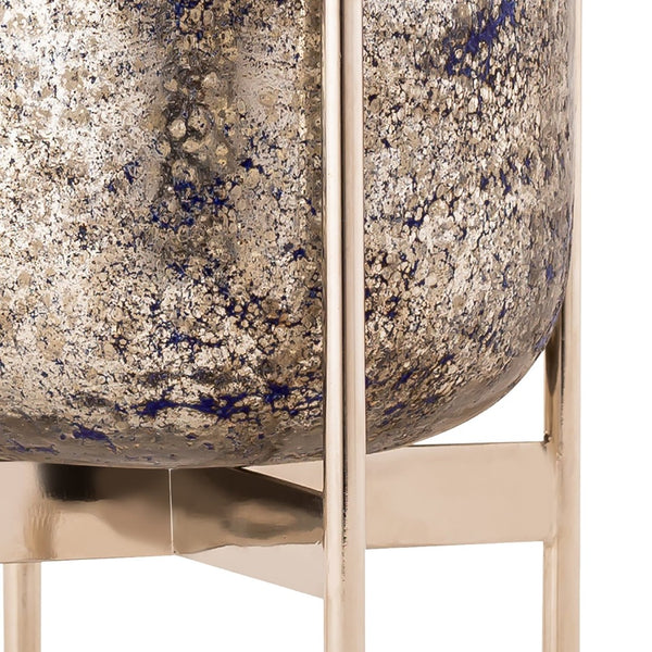 Atlas Bailey Vase - Medium Blue Glass Hurricane with Gold Flecks & Antique Silver Stand for Decor Elegance AC11067-01
