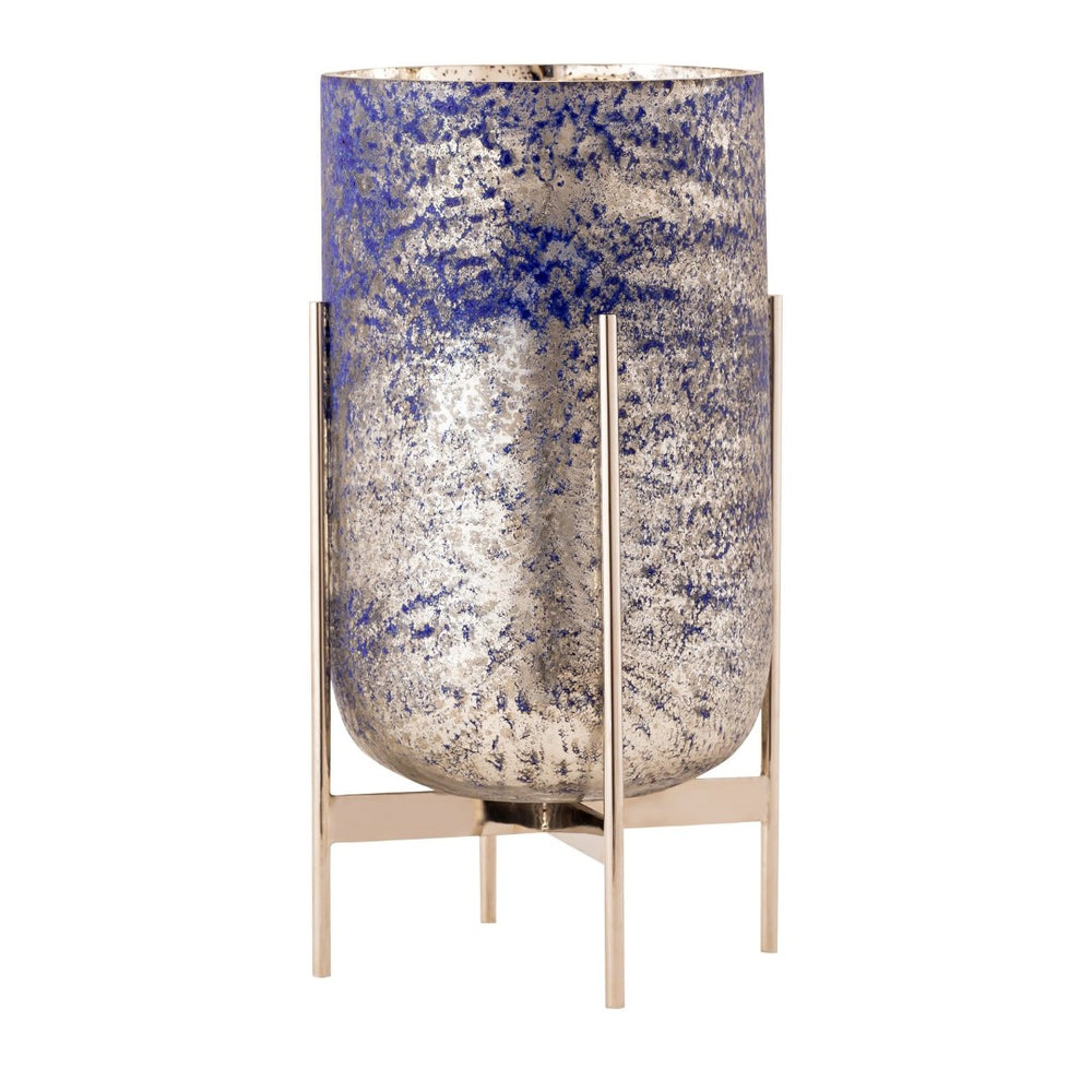 Atlas Bailey Vase - Large Blue Glass Hurricane with Gold Accents for Elegant Floral Displays & Décor AC11067-02