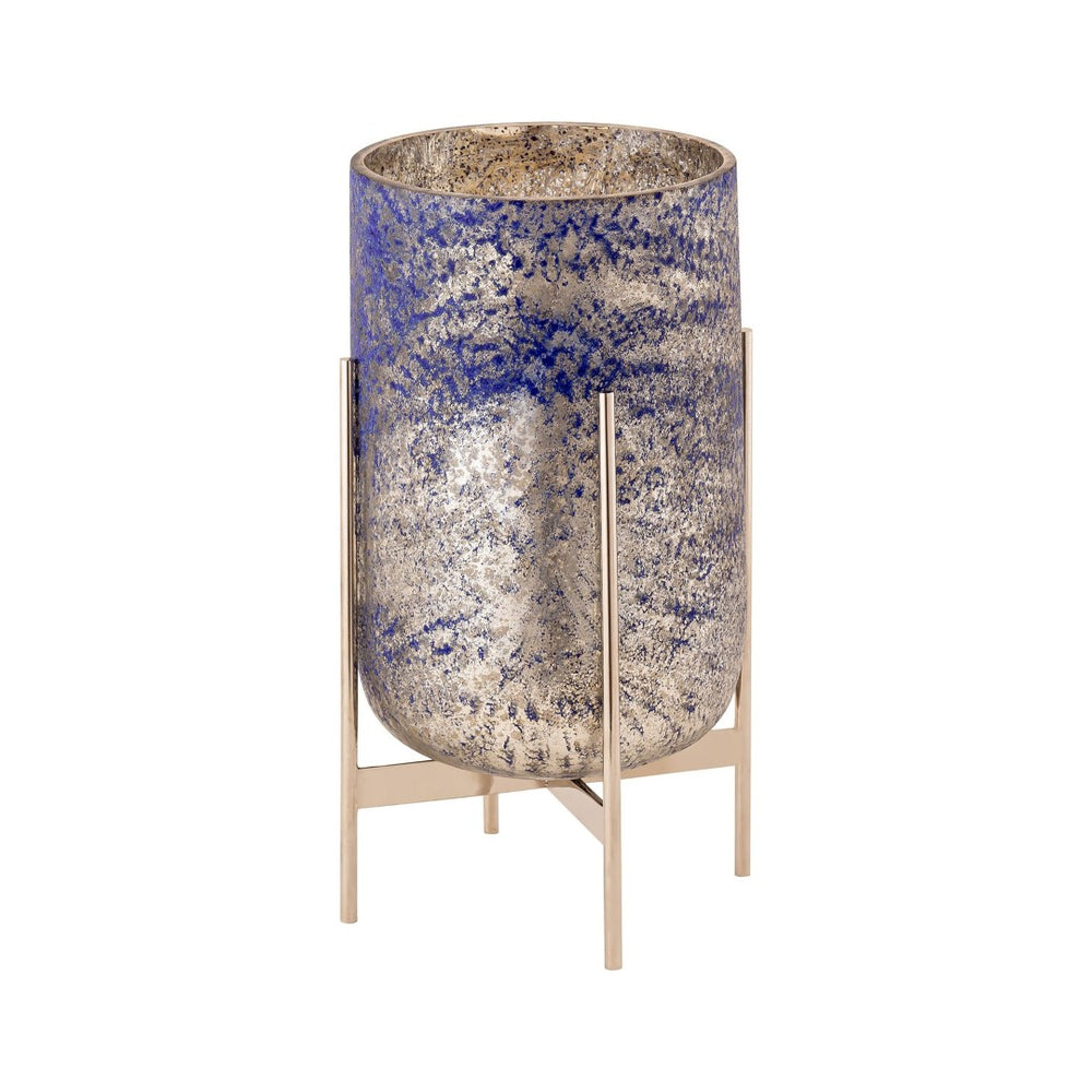Atlas Bailey Vase - Large Blue Glass Hurricane with Gold Accents for Elegant Floral Displays & Décor AC11067-02