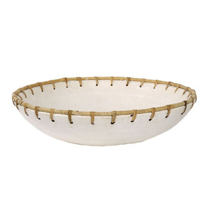 Atlas Barcelona Bowl - Handcrafted White Earthenware Decorative Centerpiece with Natural Fiber Rim AC11069-01
