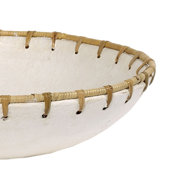Atlas Barcelona Bowl - Handcrafted White Earthenware Decorative Centerpiece with Natural Fiber Rim AC11069-01