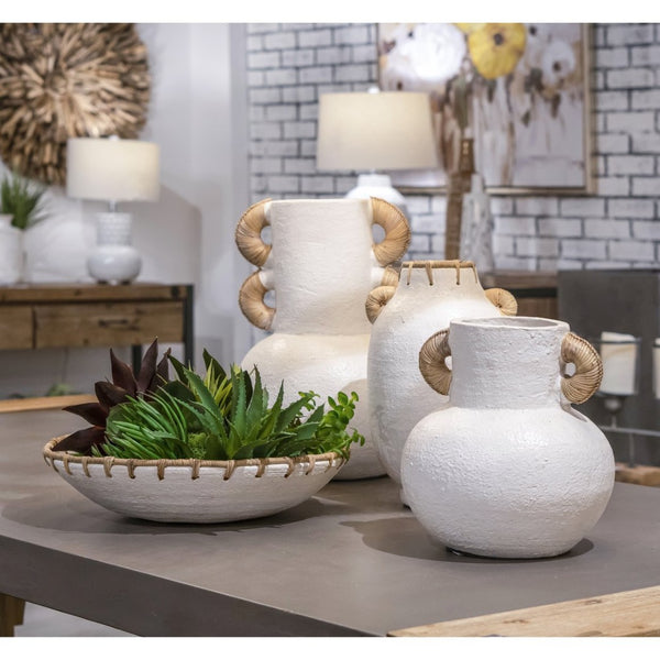 Atlas Barcelona Large Vase - Sculptural Earthenware with Gourd Shape, Natural Fiber Handles, Home Accent AC11070-01