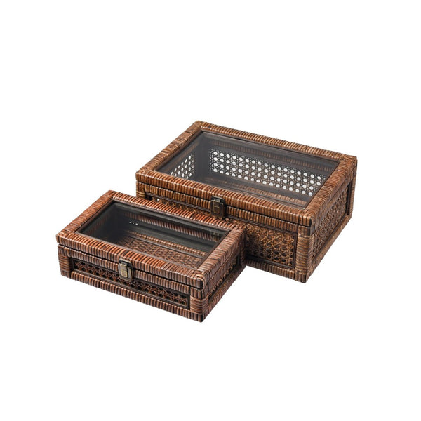 Atlas Bowman Box Set of 2 - Elegant Handwoven Rattan Storage with Glass Lids for Home Organization & Display AC11117-01S