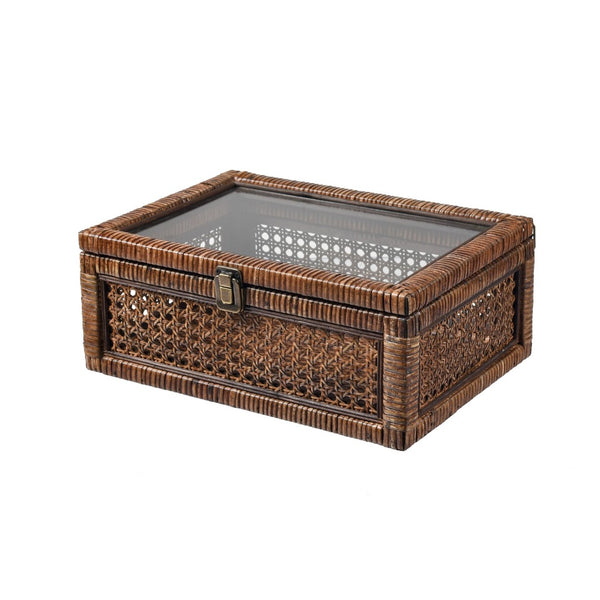 Atlas Bowman Box Set of 2 - Elegant Handwoven Rattan Storage with Glass Lids for Home Organization & Display AC11117-01S