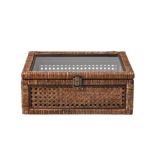 Atlas Bowman Box Set of 2 - Elegant Handwoven Rattan Storage with Glass Lids for Home Organization & Display AC11117-01S