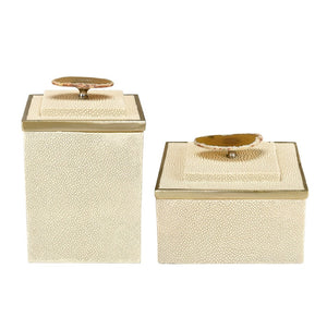 Atlas Brenner Decorative Box Set of 2 - Luxurious Ivory Faux Shagreen with Agate Handles & Metal Accents AC11129-01S