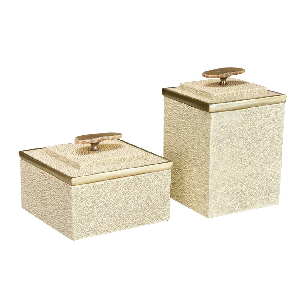 Atlas Brenner Decorative Box Set of 2 - Luxurious Ivory Faux Shagreen with Agate Handles & Metal Accents AC11129-01S