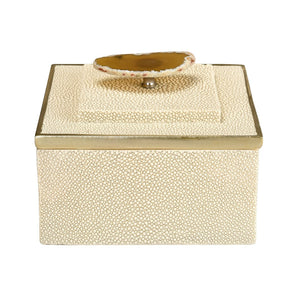 Atlas Brenner Decorative Box Set of 2 - Luxurious Ivory Faux Shagreen with Agate Handles & Metal Accents AC11129-01S