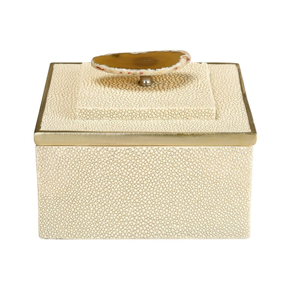 Atlas Brenner Decorative Box Set of 2 - Luxurious Ivory Faux Shagreen with Agate Handles & Metal Accents AC11129-01S