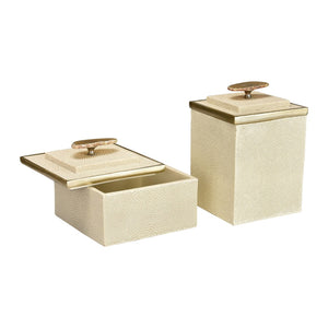 Atlas Brenner Decorative Box Set of 2 - Luxurious Ivory Faux Shagreen with Agate Handles & Metal Accents AC11129-01S
