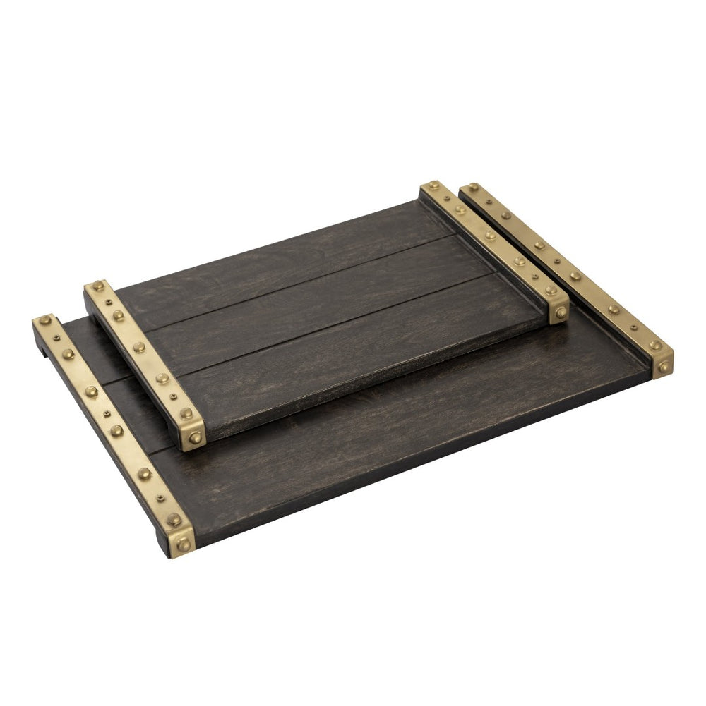 Atlas Brookwood Serving Tray Set of 2 - Stylish Mango Wood with Brass-Studded Handles for Home Decor! AC11139-01S