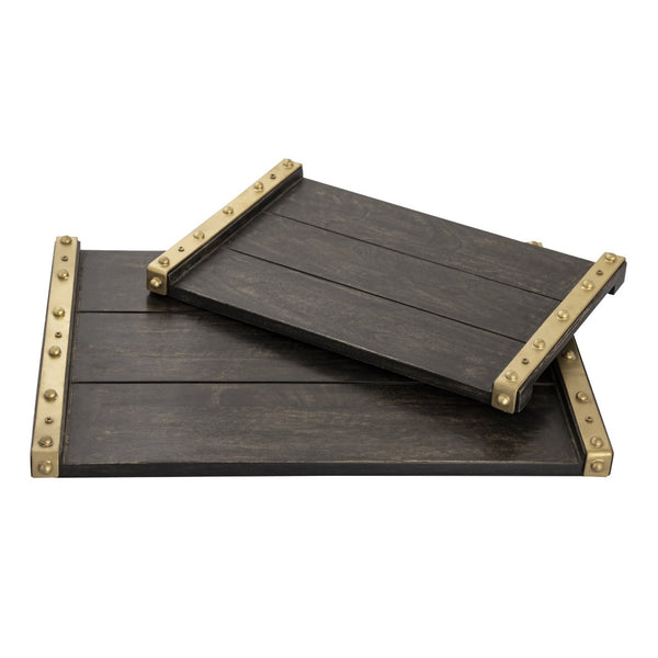 Atlas Brookwood Serving Tray Set of 2 - Stylish Mango Wood with Brass-Studded Handles for Home Decor! AC11139-01S