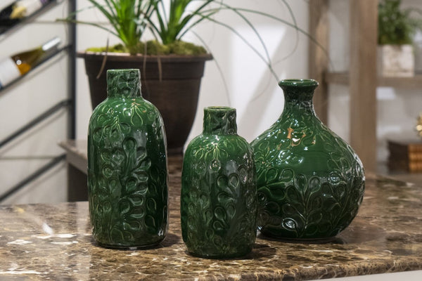 Atlas Broome Vase - Elevate Your Décor with Glossy Deep Green and Elegant Leaf Etching for Any Space Small AC11140-01