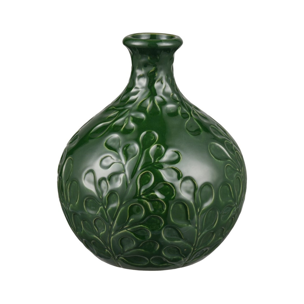 Atlas Broome Vase - Elevate Your Décor with Glossy Deep Green and Elegant Leaf Etching for Any Space Medium Dark Green AC11140-02
