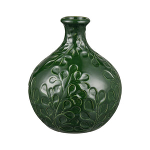 Atlas Broome Vase - Elevate Your Décor with Glossy Deep Green and Elegant Leaf Etching for Any Space Medium Dark Green AC11140-02