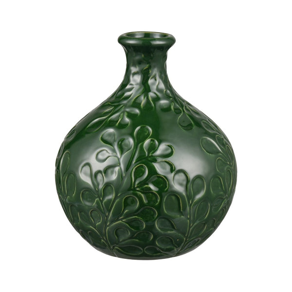 Atlas Broome Vase - Elevate Your Décor with Glossy Deep Green and Elegant Leaf Etching for Any Space Medium Dark Green AC11140-02
