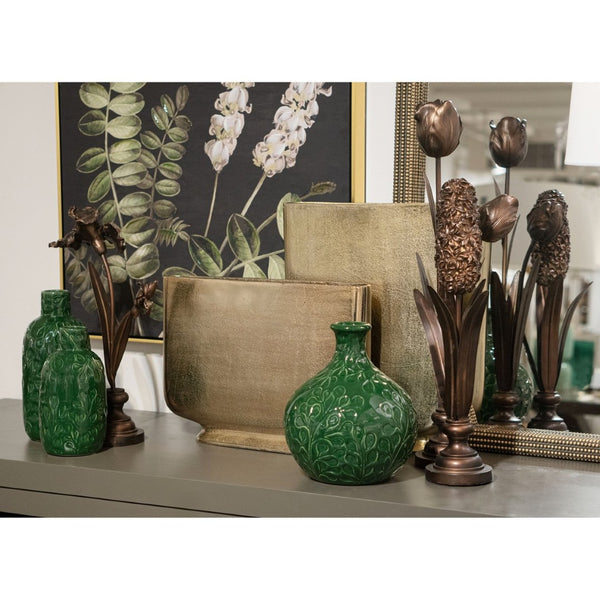 Atlas Broome Vase - Elevate Your Décor with Glossy Deep Green and Elegant Leaf Etching for Any Space Medium Dark Green AC11140-02