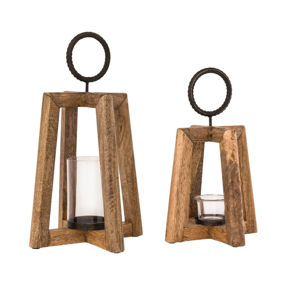 Atlas Carmel Lantern Set of 2 - Rustic Wooden Lanterns with Glass Hurricanes for Cozy Ambiance & Decor AC11157-01S