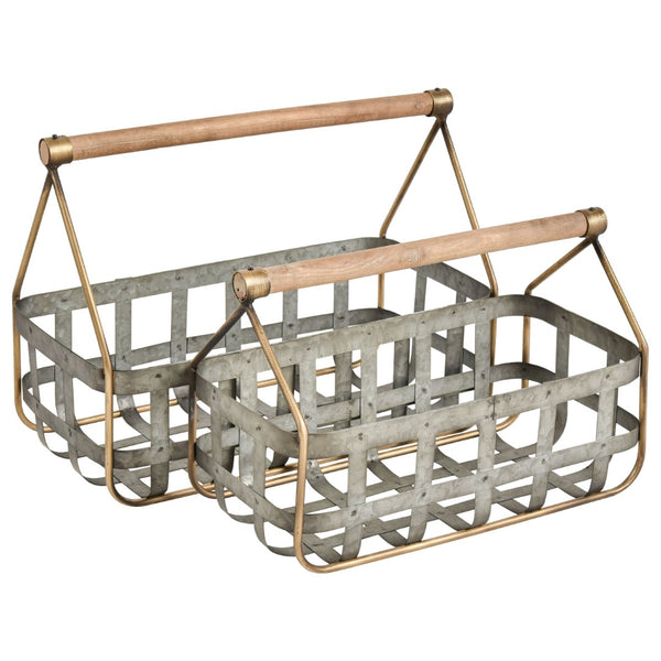 Atlas Catcliffe Rustic Baskets Set of 2 - Galvanized Metal with Wood Handles for Stylish Storage Solutions AC11164-01S