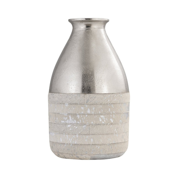 Atlas Chloe Vase - Sculptural Silver Accent with Textured Hair-on-Hide Base for Stunning Decor Display Large Silver AC11178-02
