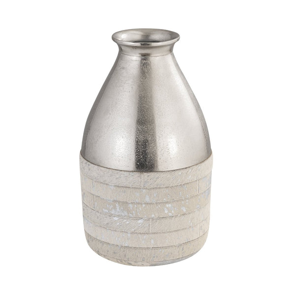 Atlas Chloe Vase - Sculptural Silver Accent with Textured Hair-on-Hide Base for Stunning Decor Display Large Silver AC11178-02