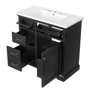 English Elm 36-Inch Modern Bathroom Vanity with Ceramic Basin, 4 Drawers & Soft-Close Door, Pre-Drilled Faucet Ready, Durable MDF and Solid Wood Construction (36"L x 18.3"W x 33.4"H) Black N725P296118B