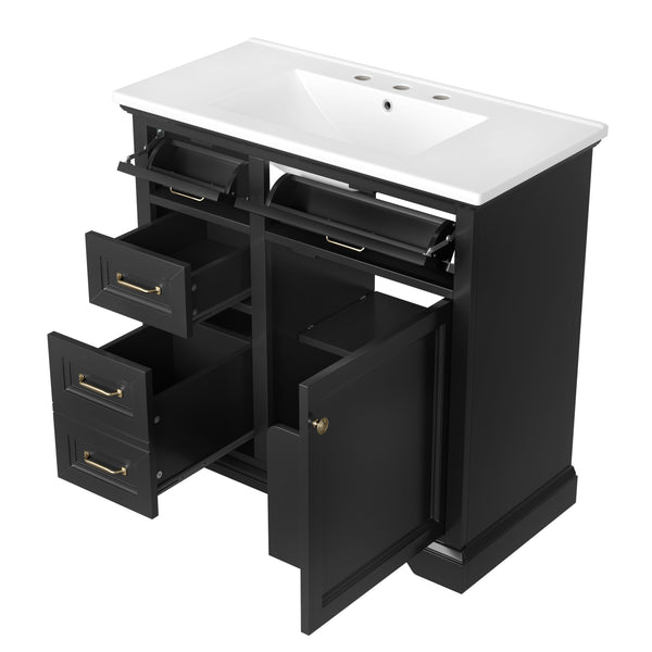 English Elm 36-Inch Modern Bathroom Vanity with Ceramic Basin, 4 Drawers & Soft-Close Door, Pre-Drilled Faucet Ready, Durable MDF and Solid Wood Construction (36"L x 18.3"W x 33.4"H) Black N725P296118B