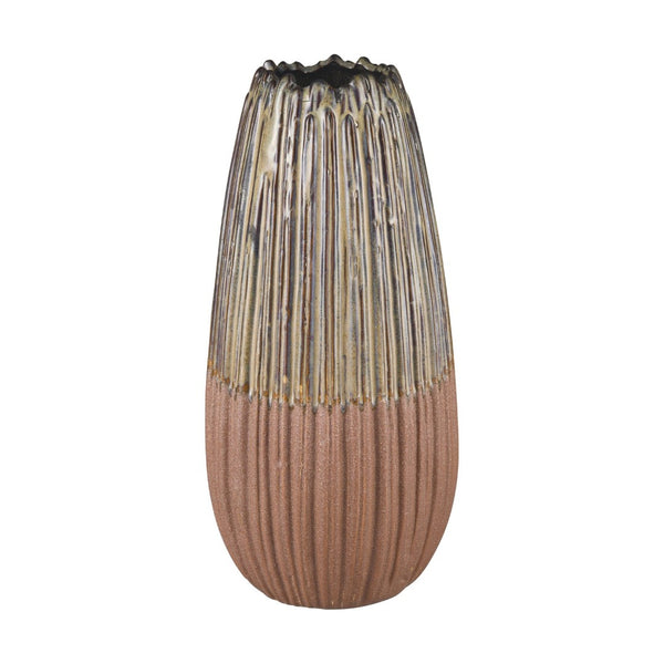 Atlas Cooper Vase - Sculptural Accent with Matchstick Texture, Glossy Khaki Finish for Stylish Decor Large AC11200-02