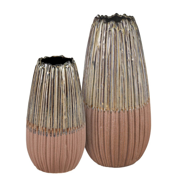 Atlas Cooper Vase - Sculptural Accent with Matchstick Texture, Glossy Khaki Finish for Stylish Decor Large AC11200-02