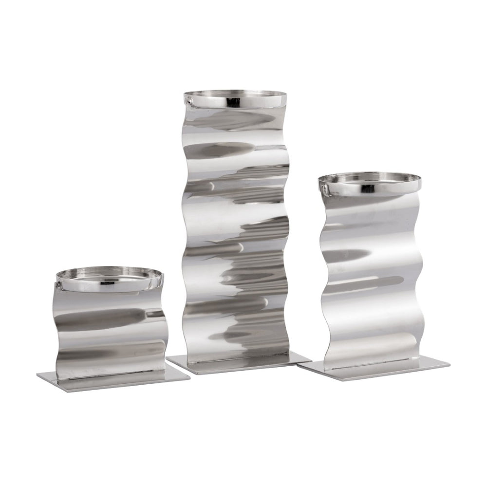Atlas Curve Candleholder Trio - Elegant Polished Nickel Design for Modern Tabletop and Mantel Décor Set of 3 AC11219-01S