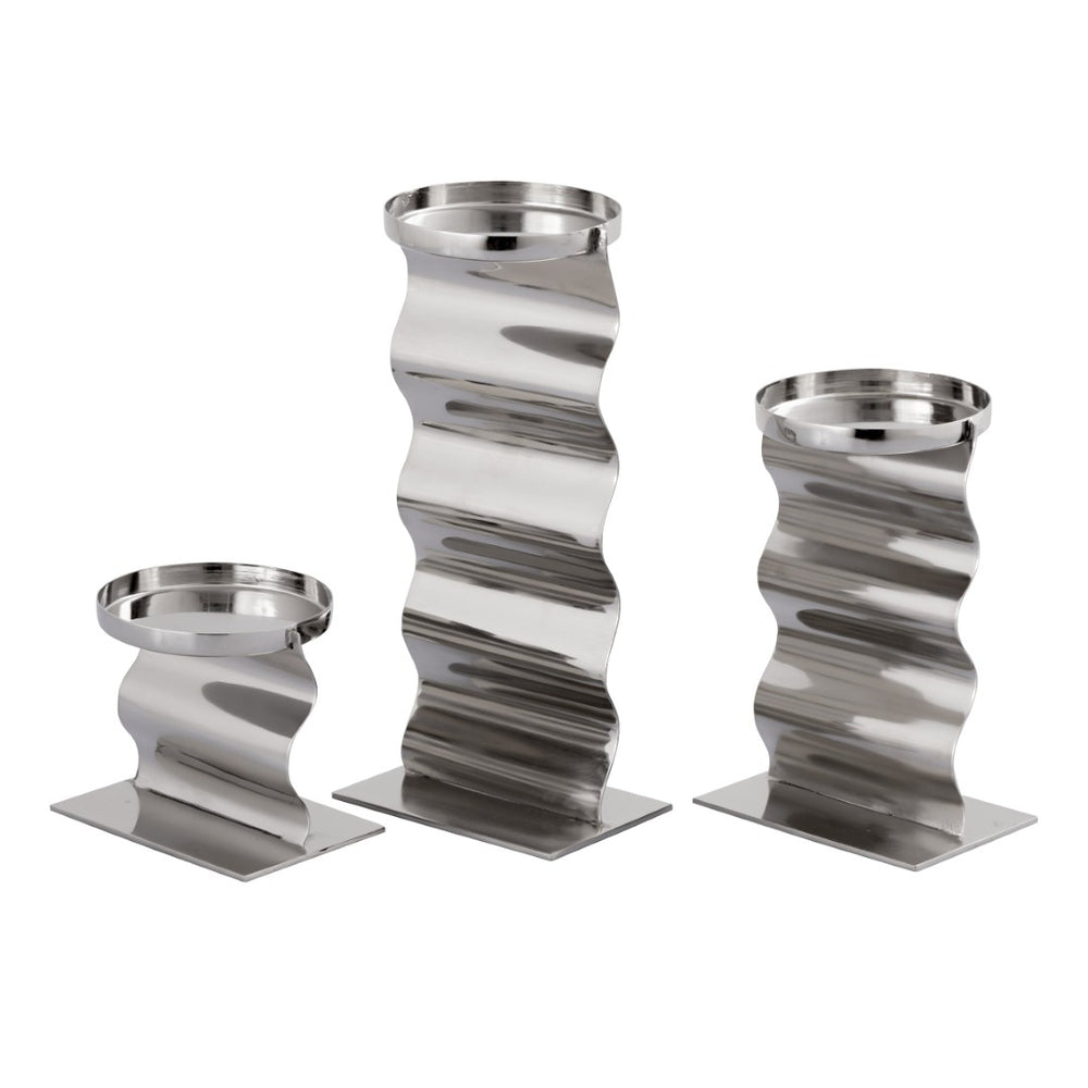 Atlas Curve Candleholder Trio - Elegant Polished Nickel Design for Modern Tabletop and Mantel Décor Set of 3 AC11219-01S