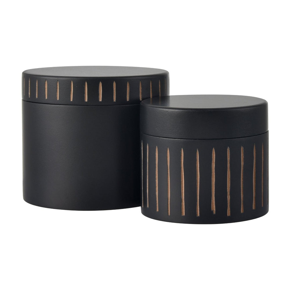 Atlas Dana Box - Elegant Set of 2 Round Black Lidded Storage Boxes with Hand-Carved Detailing AC11226-01S