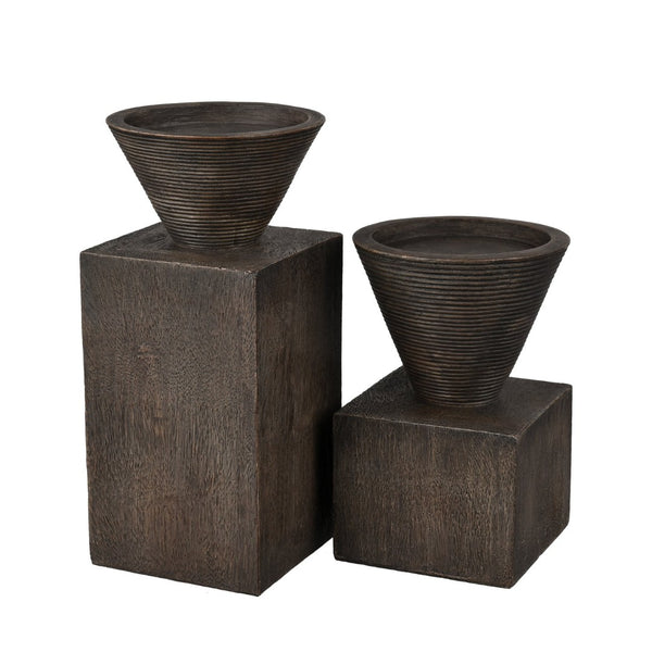 Atlas Disa Candleholder - Modern Brutalist Design with Wood-Textured Finish for Pillar or Taper Candles Large AC11249-02