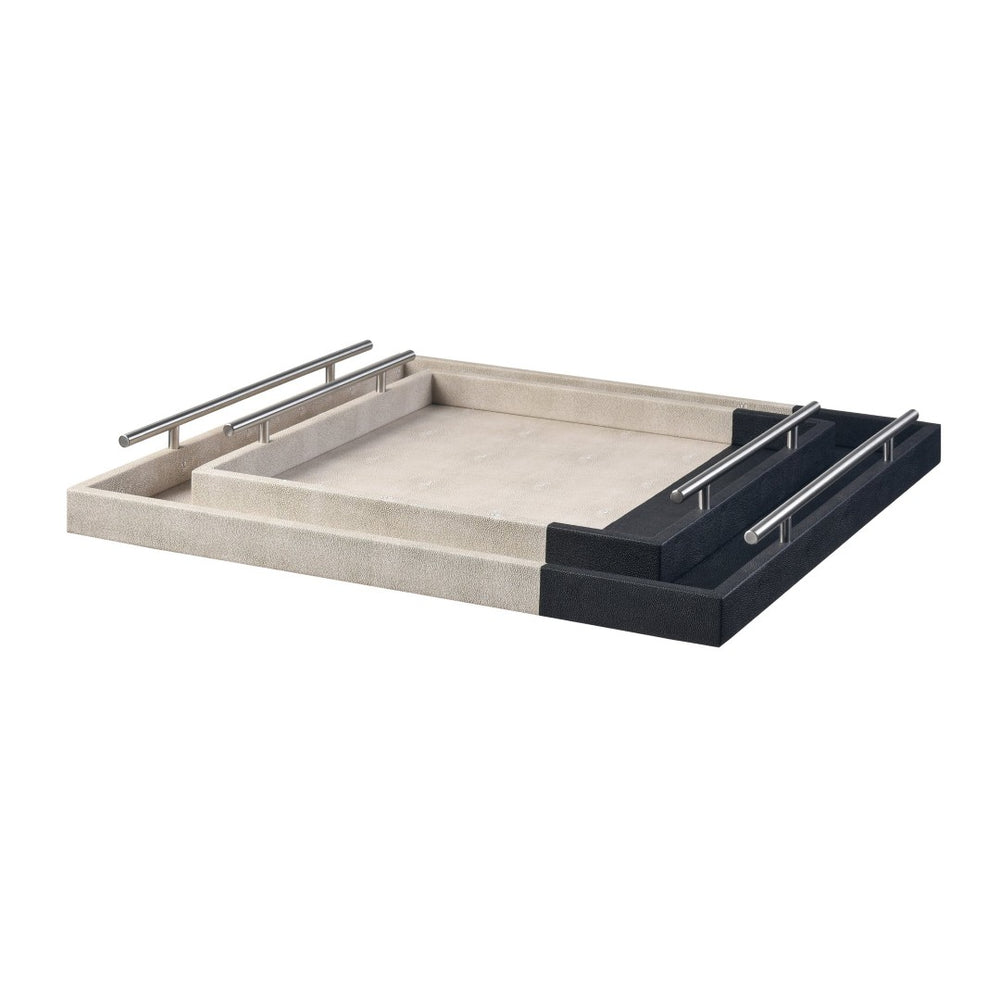 Atlas Dove Trays Set of 2 - Elegant Khaki & Dark Green Faux Shagreen with Oversized Nickel Handles AC11263-01S